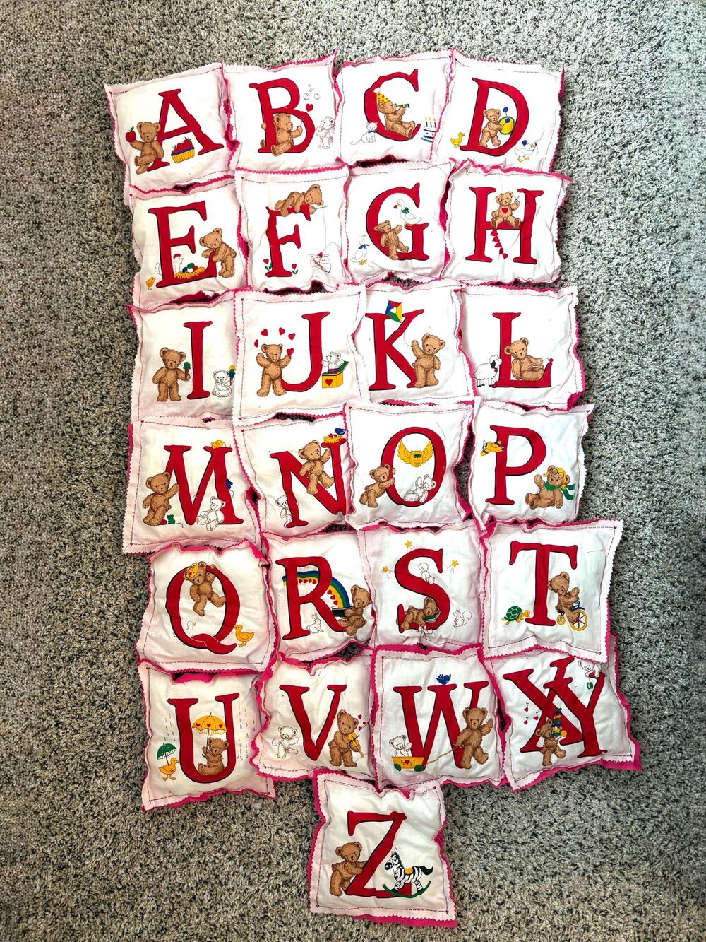 Charming Vintage ABC Learning Pillows, Handmade, Teddy Bear Design